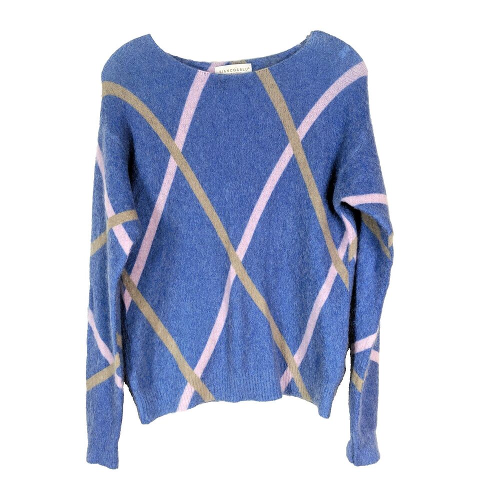 Bianco & Blu Italian Mohair Wool Argyle Knit Sweater Pink Blue Tan Size Medium